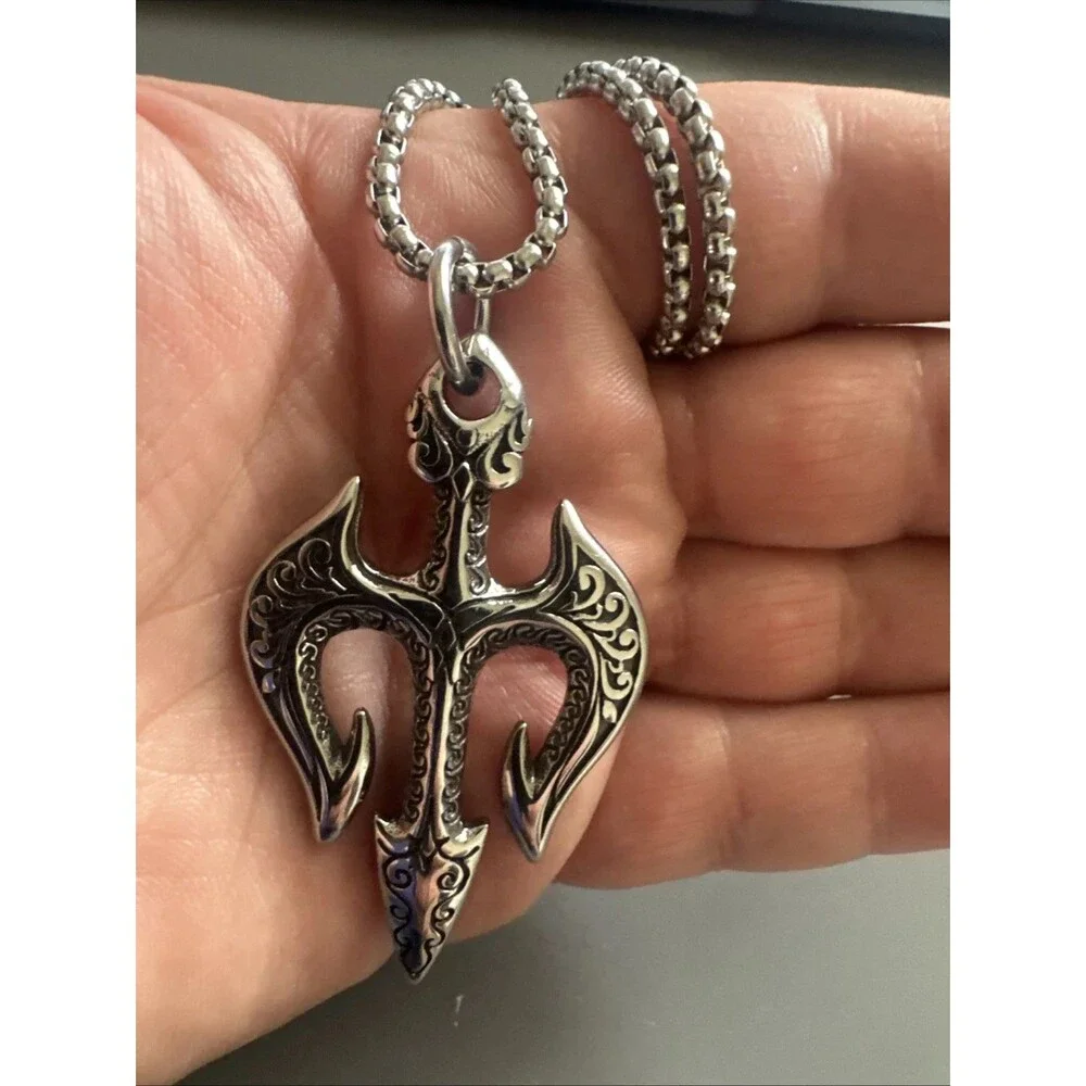 Trident Anchor Motif Viking Double Sided Pendant Stainless Steel 24” Chain Gift